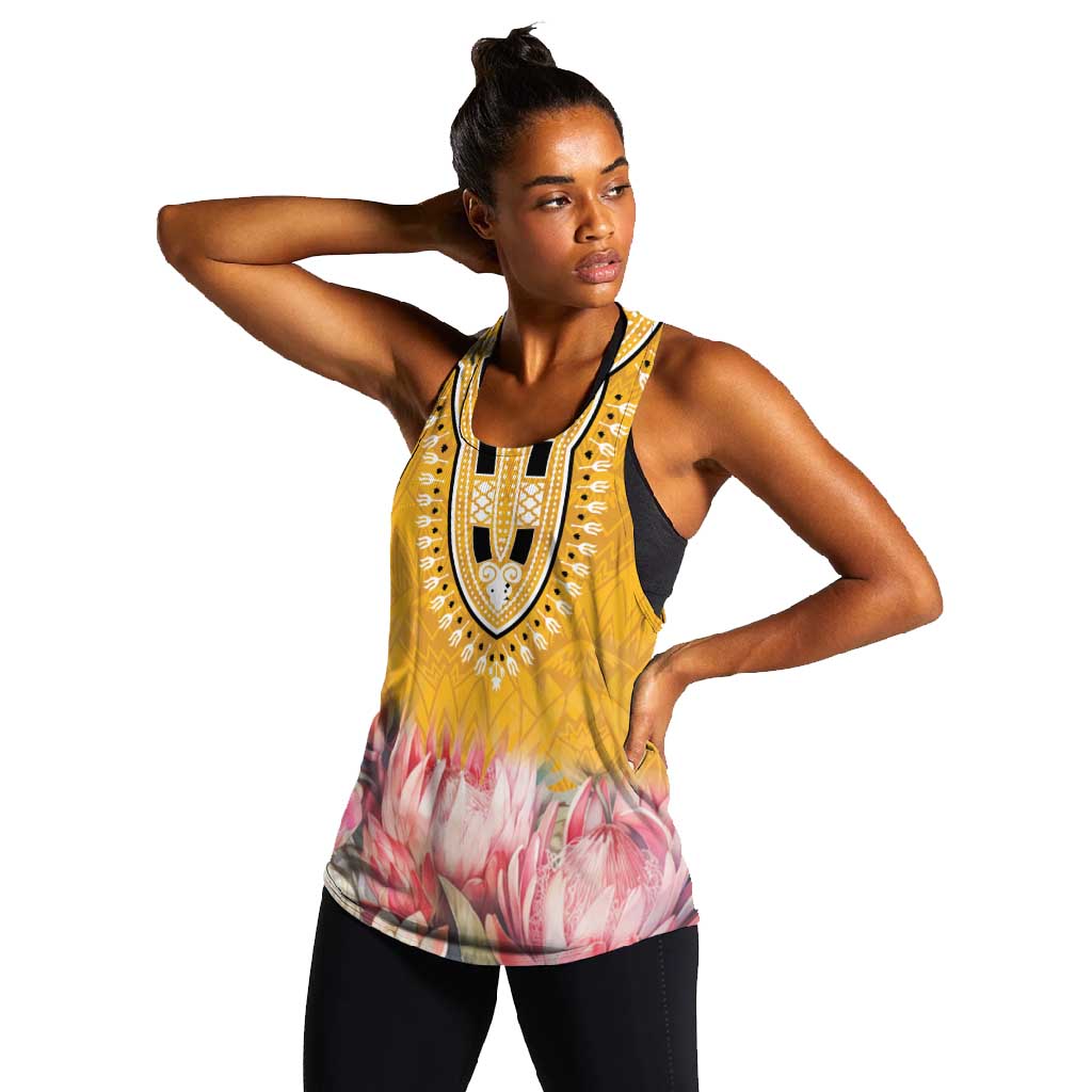 Africa Dashiki Women Racerback Tank King Protea Floral Motif Patterns