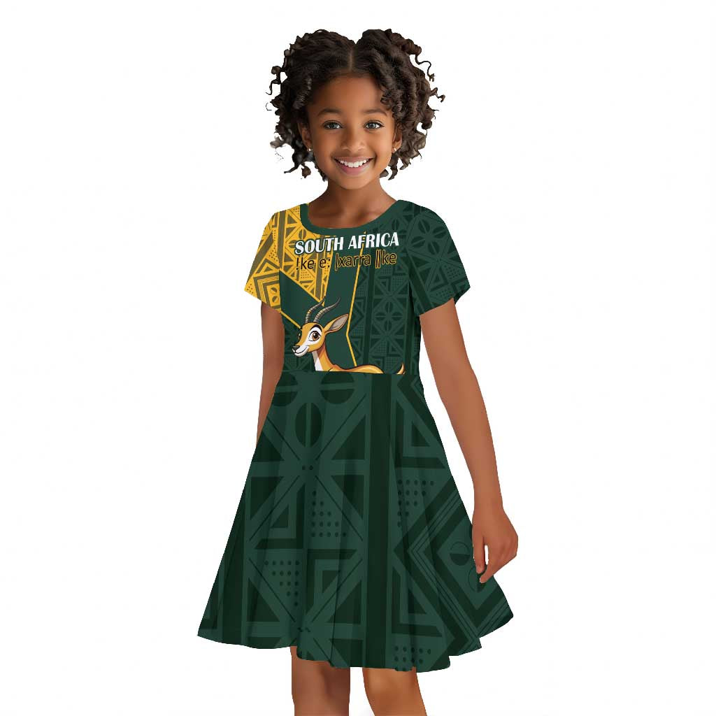Custom South Africa Springbok Jumping Kid Short Sleeve Dress With Kente Patterns