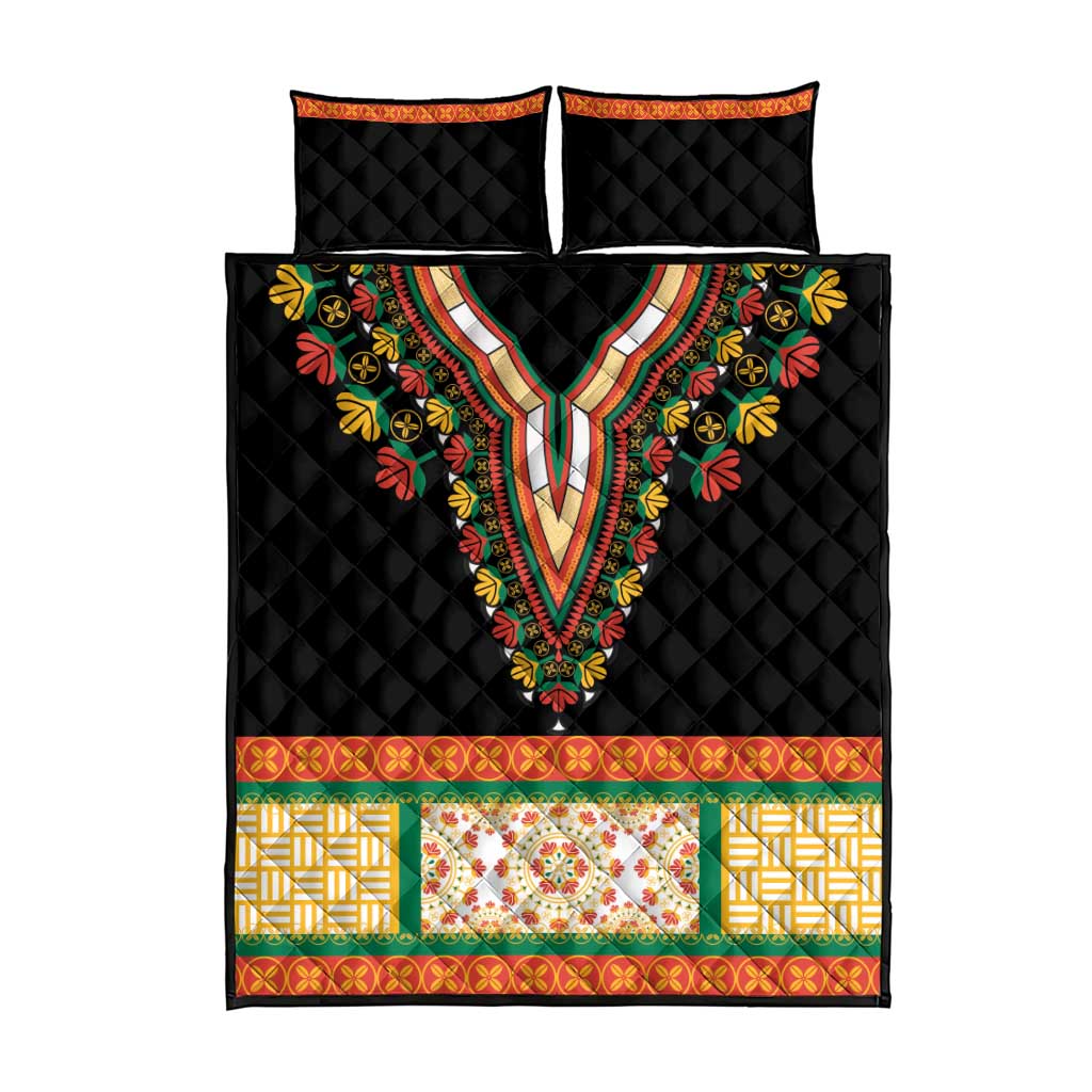 Africa Dashiki Quilt Bed Set Embroidery Neckline Floral Pattern