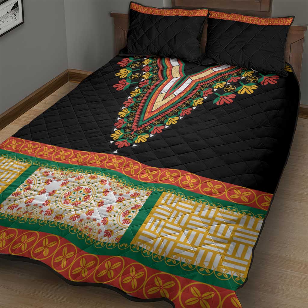 Africa Dashiki Quilt Bed Set Embroidery Neckline Floral Pattern