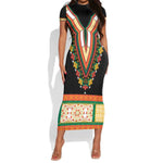 Africa Dashiki Short Sleeve Bodycon Dress Embroidery Neckline Floral Pattern LT18