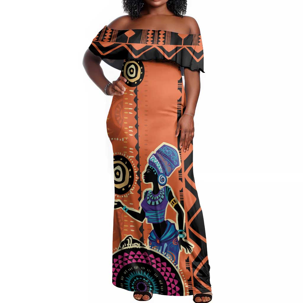 African Woman In Ethnic Dress Off Shoulder Maxi Dress Ethnic Geometric Patterns