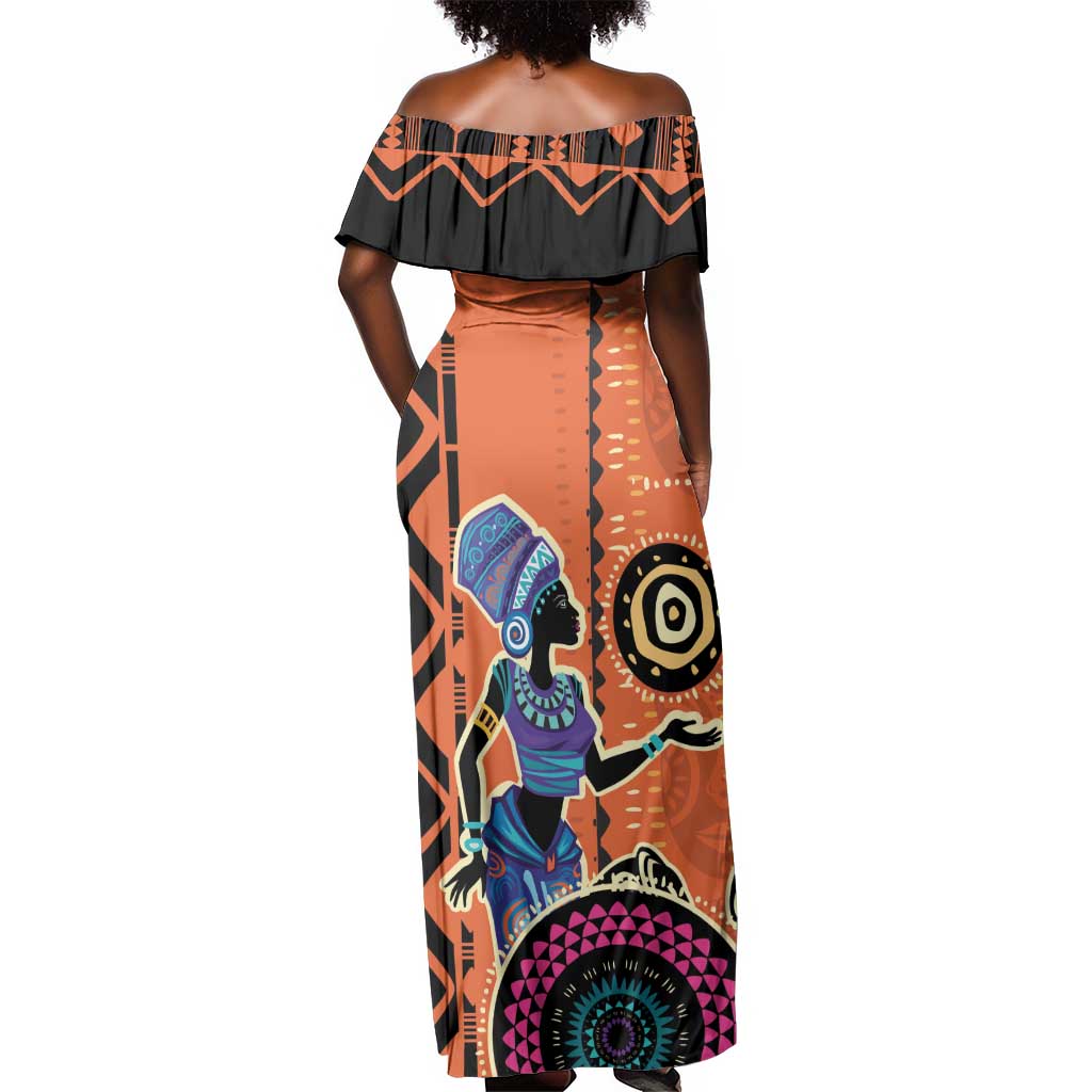 African Woman In Ethnic Dress Off Shoulder Maxi Dress Ethnic Geometric Patterns