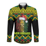 Black Jamaican Christmas Long Sleeve Button Shirt Reggae Lion With Kente Pattern