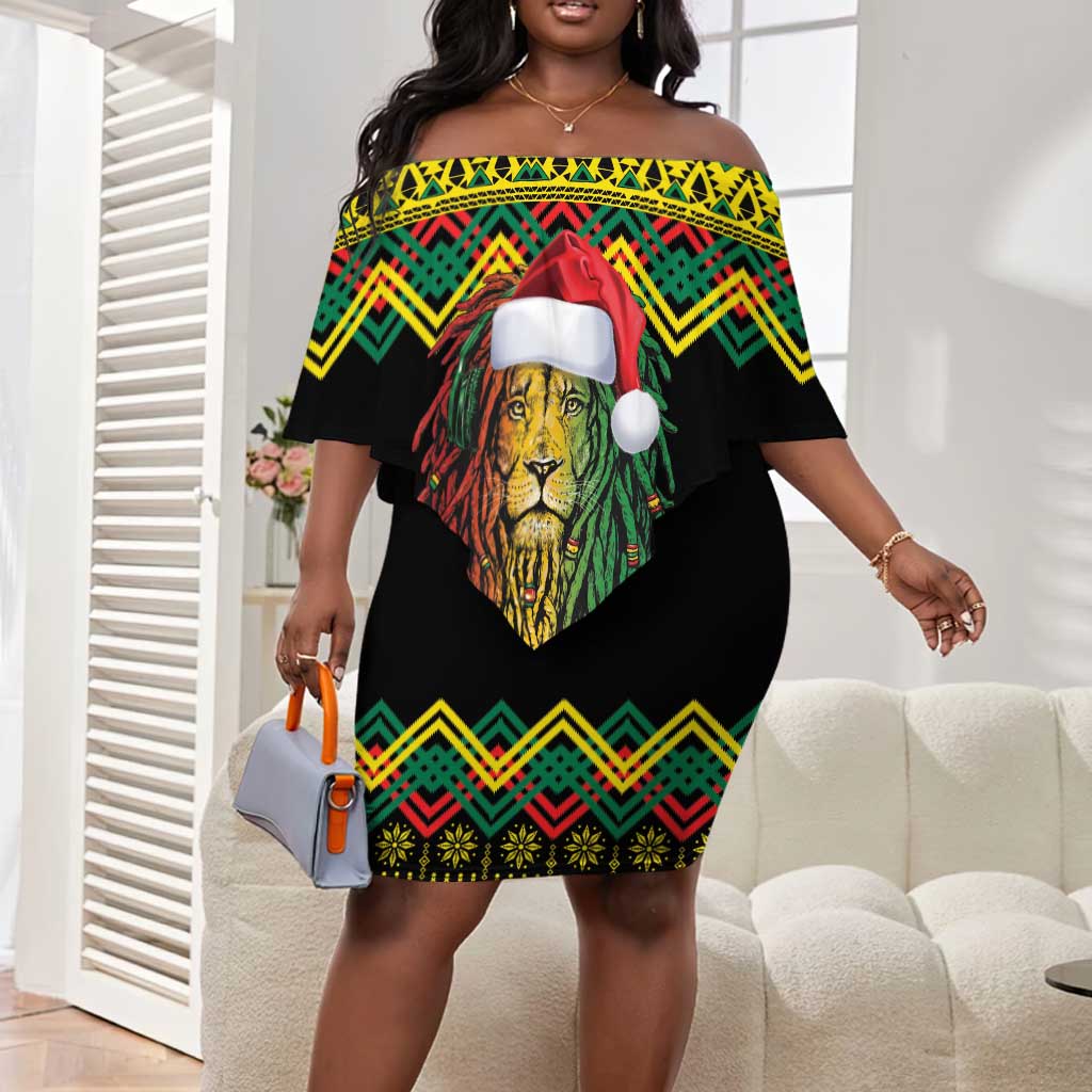 Black Jamaican Christmas Off Shoulder Short Dress Reggae Lion With Kente Pattern by AfricanPride Black Jamaican Christmas Off Shoulder Short Dress Reggae Lion With Kente Pattern by AfricanPride