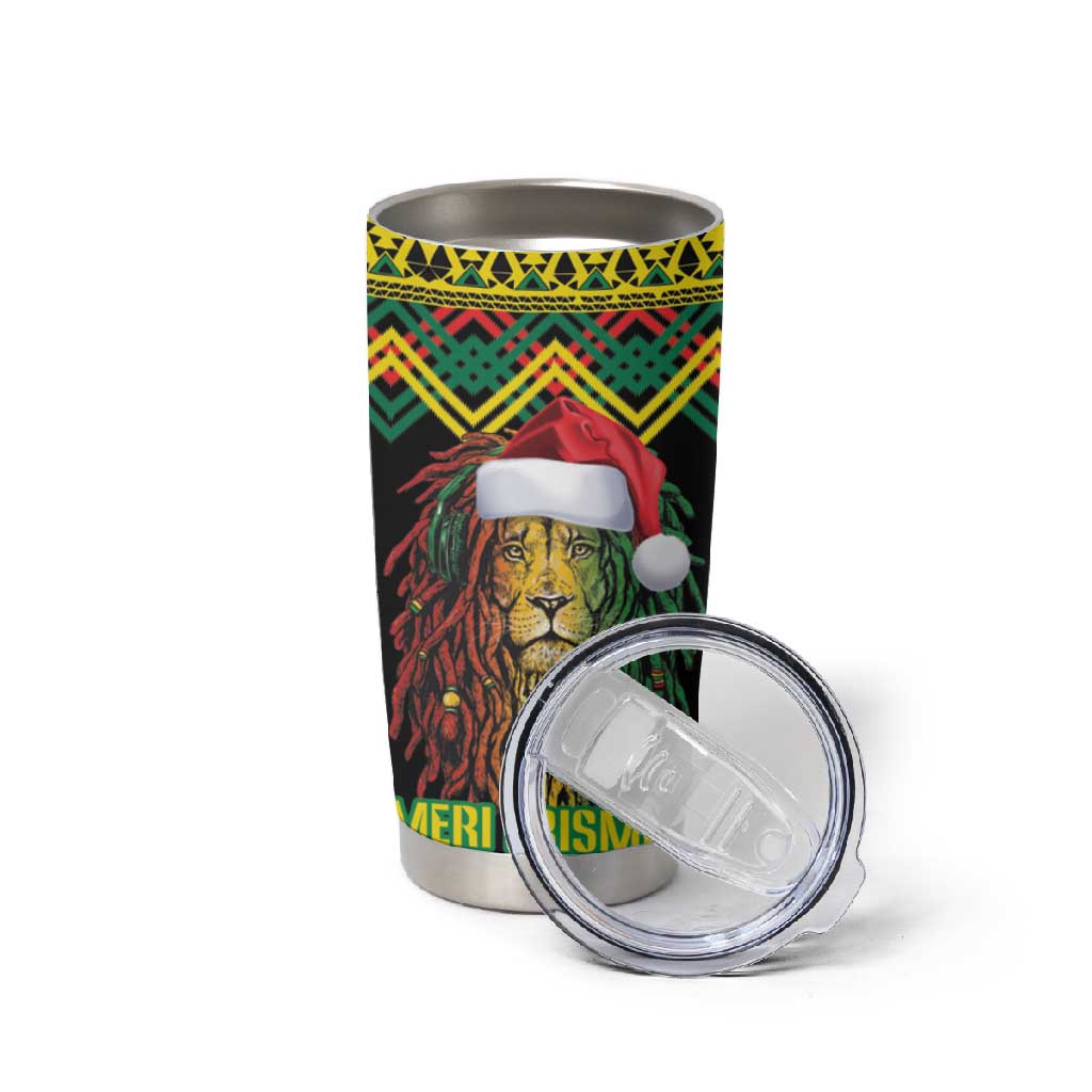 Black Jamaican Christmas Tumbler Cup Reggae Lion With Kente Pattern