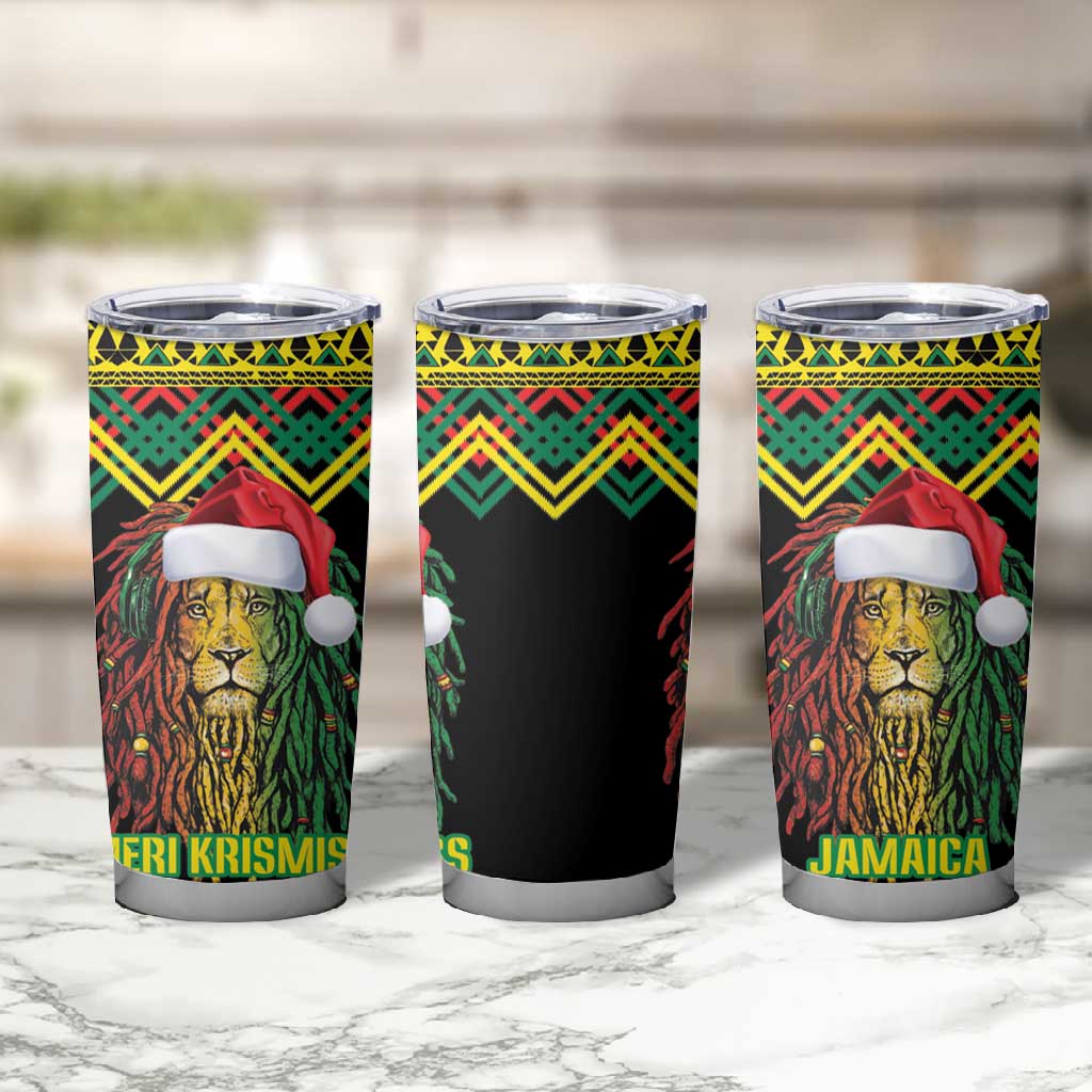 Black Jamaican Christmas Tumbler Cup Reggae Lion With Kente Pattern