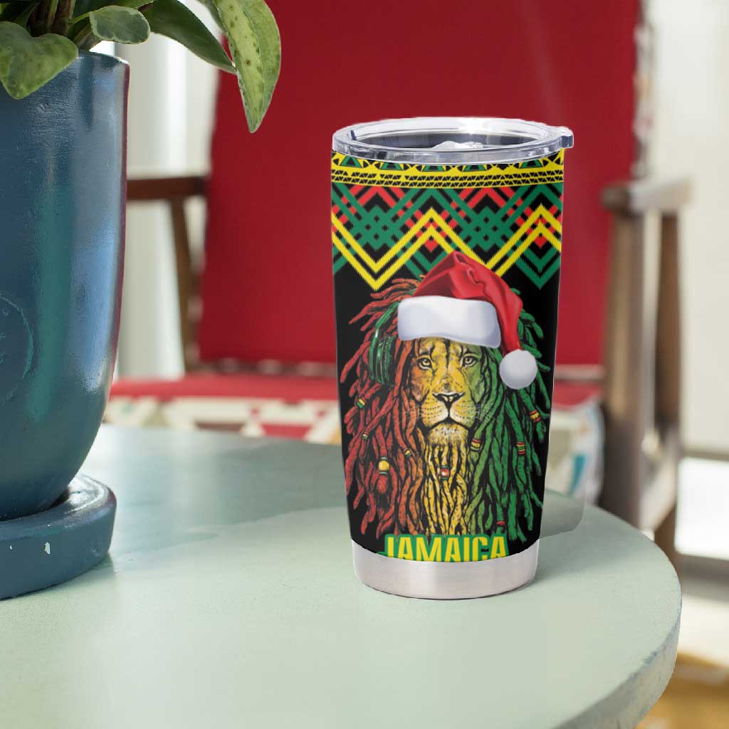 Black Jamaican Christmas Tumbler Cup Reggae Lion With Kente Pattern