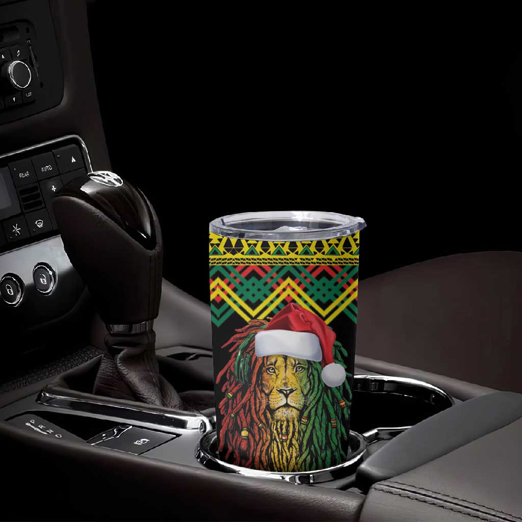Black Jamaican Christmas Tumbler Cup Reggae Lion With Kente Pattern