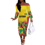 Custom Guyana Football Pride Off The Shoulder Long Sleeve Dress Golden Jaguars Go Champion - Yellow - African Pride