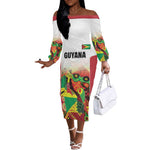 Custom Guyana Football Pride Off The Shoulder Long Sleeve Dress Golden Jaguars Go Champion - White - African Pride