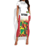 Custom Guyana Football Pride Short Sleeve Bodycon Dress Golden Jaguars Go Champion - White - African Pride