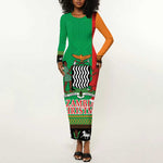 Afro Zambia Christmas Long Sleeve Bodycon Dress Coat Of Arms With Kente Pattern LT18