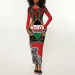 Personalized Afro Kenya Mashujaa Day Long Sleeve Bodycon Dress Mzee Jomo Kenyatta With Coat Of Arms LT18