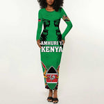 Afro Kenya National Heroes Day Long Sleeve Bodycon Dress Mashujaa With Lion Head And Coat Of Arms LT18