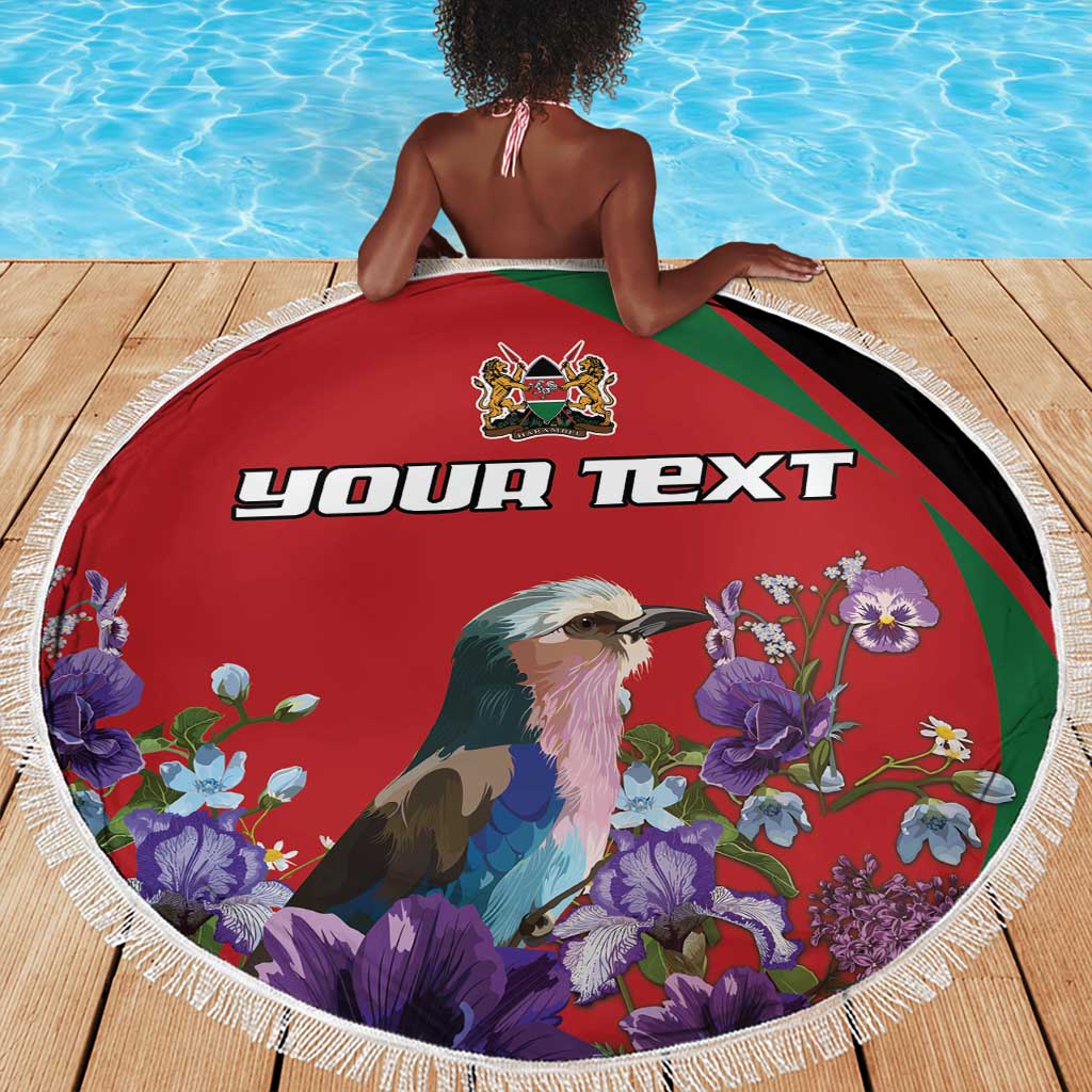 Personalized Afro Kenya Lilac Breasted Roller Beach Blanket With Violet Flowers