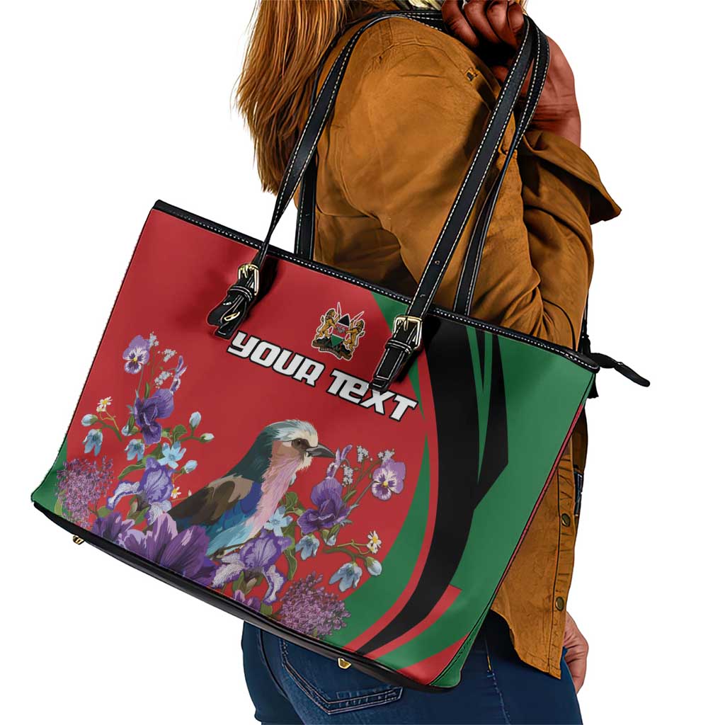Personalized Afro Kenya Lilac Breasted Roller Leather Tote Bag With Violet Flowers