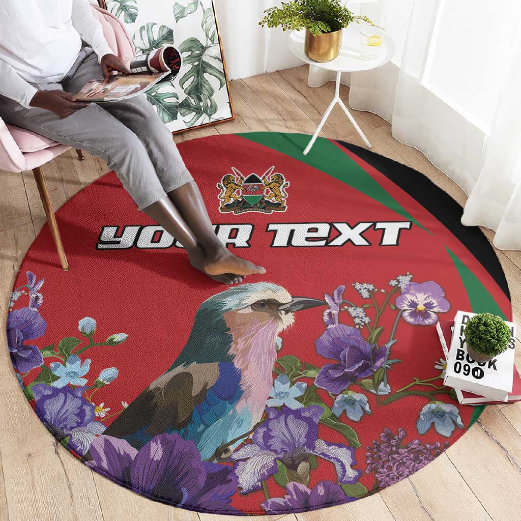 Personalized Afro Kenya Lilac Breasted Roller Round Carpet With Violet Flowers