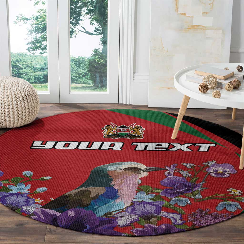 Personalized Afro Kenya Lilac Breasted Roller Round Carpet With Violet Flowers