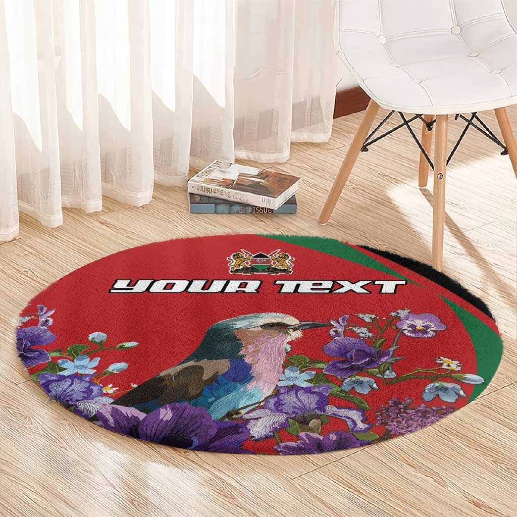 Personalized Afro Kenya Lilac Breasted Roller Round Carpet With Violet Flowers