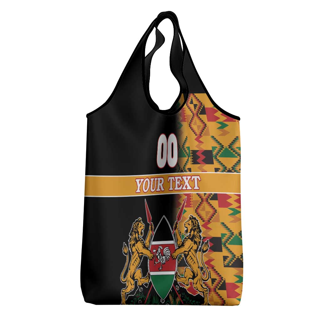 Custom Afro Kenya Coat Of Arms Grocery Bag With Kente Patterns