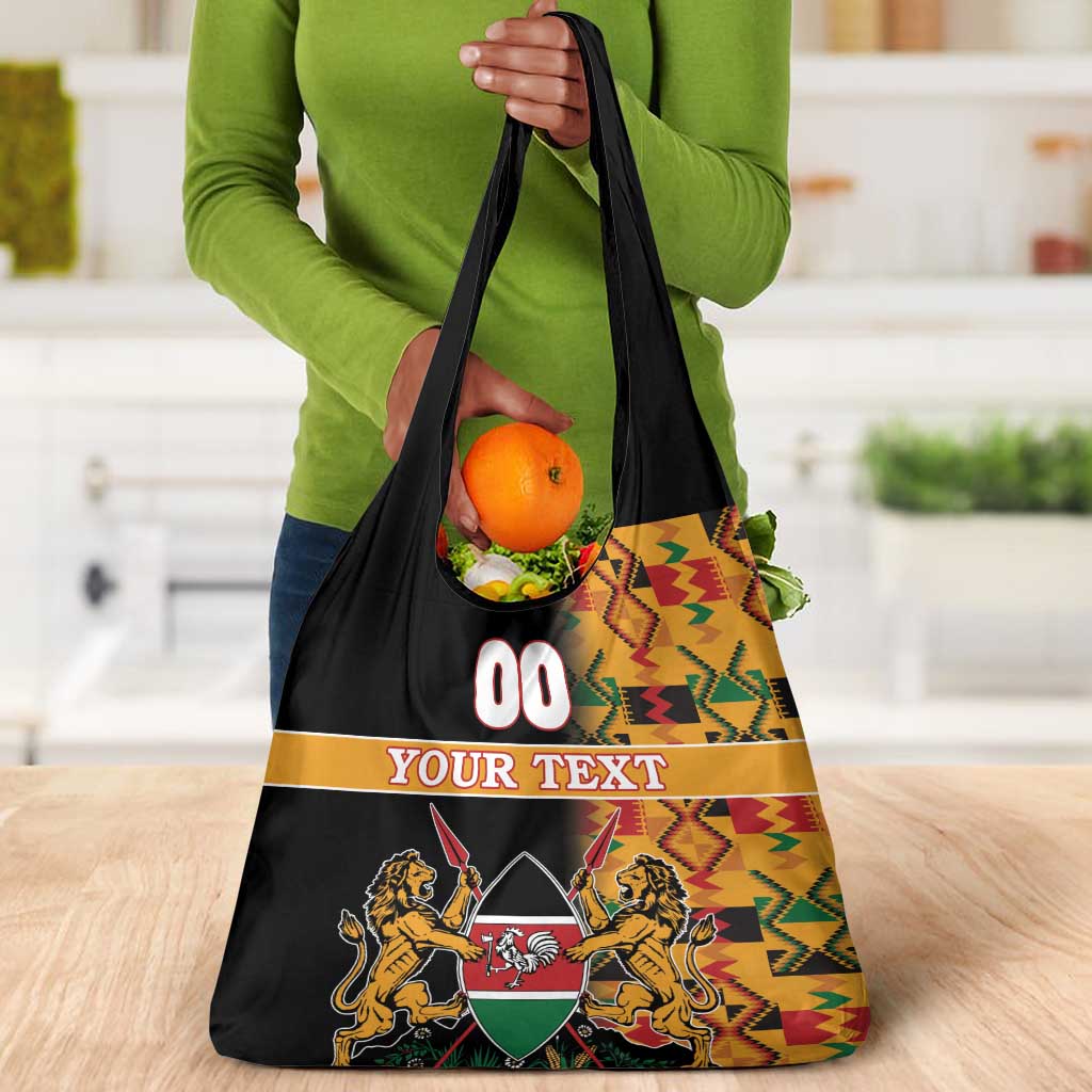 Custom Afro Kenya Coat Of Arms Grocery Bag With Kente Patterns