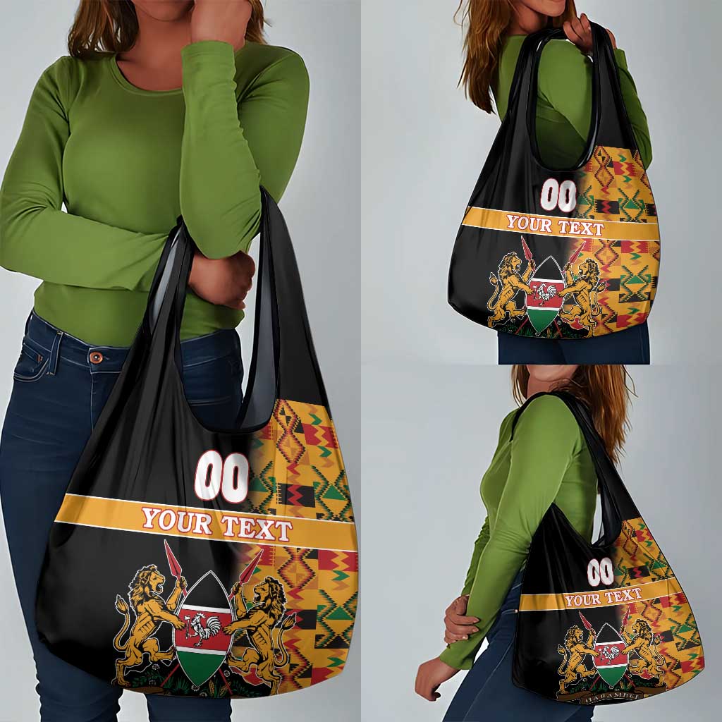 Custom Afro Kenya Coat Of Arms Grocery Bag With Kente Patterns