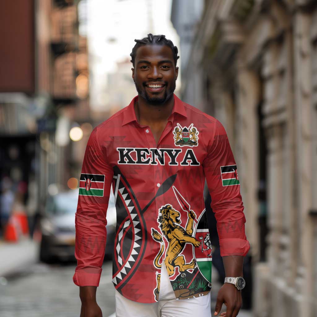 Personalized Afro Kenya Coat Of Arms Long Sleeve Button Shirt Ethnic Seamless Pattern