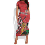 Personalized Afro Kenya Coat Of Arms Short Sleeve Bodycon Dress Ethnic Seamless Pattern LT18