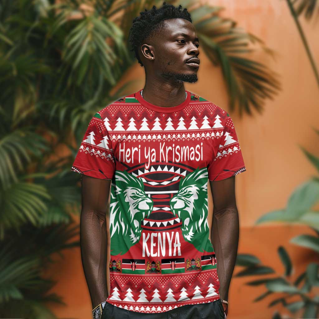 Afro Kenya Christmas T shirt Head Lion - Heri ya Krismasi