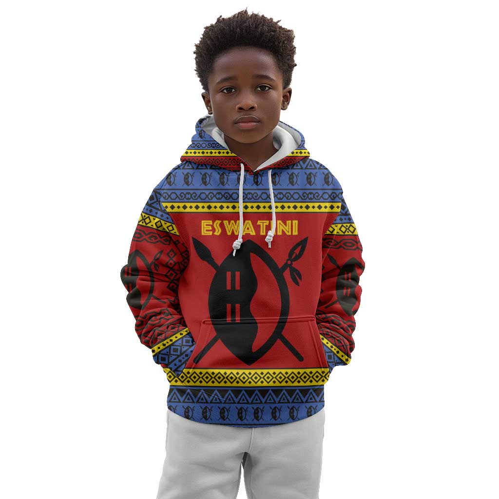 Eswatini Flag Kid Hoodie Nguni Shield Spear Pattern