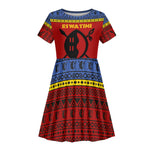 Eswatini Flag Kid Short Sleeve Dress Nguni Shield Spear Pattern