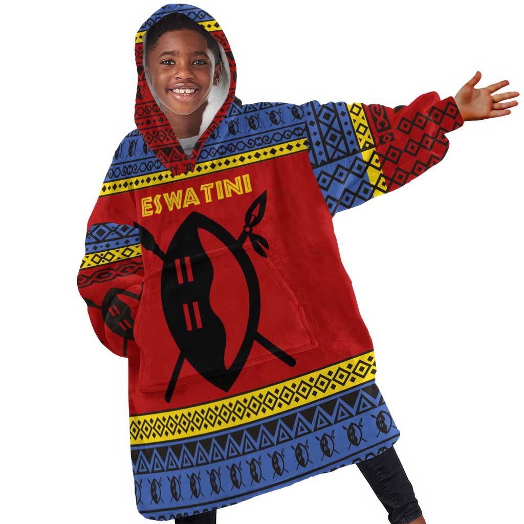 Eswatini Flag Kid Wearable Blanket Hoodie Nguni Shield Spear Pattern