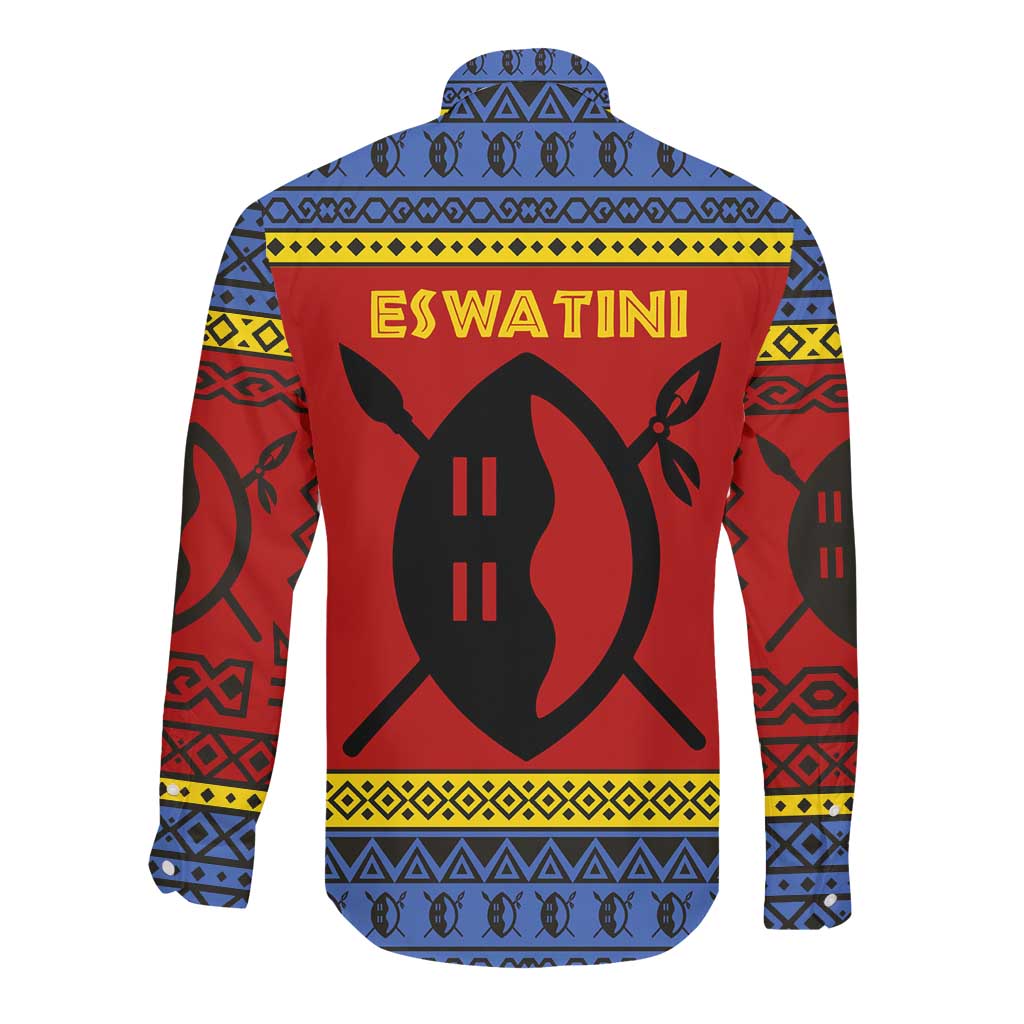 Eswatini Flag Long Sleeve Button Shirt Nguni Shield Spear Pattern