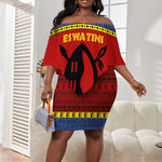 Eswatini Flag Off Shoulder Short Dress Nguni Shield Spear Pattern