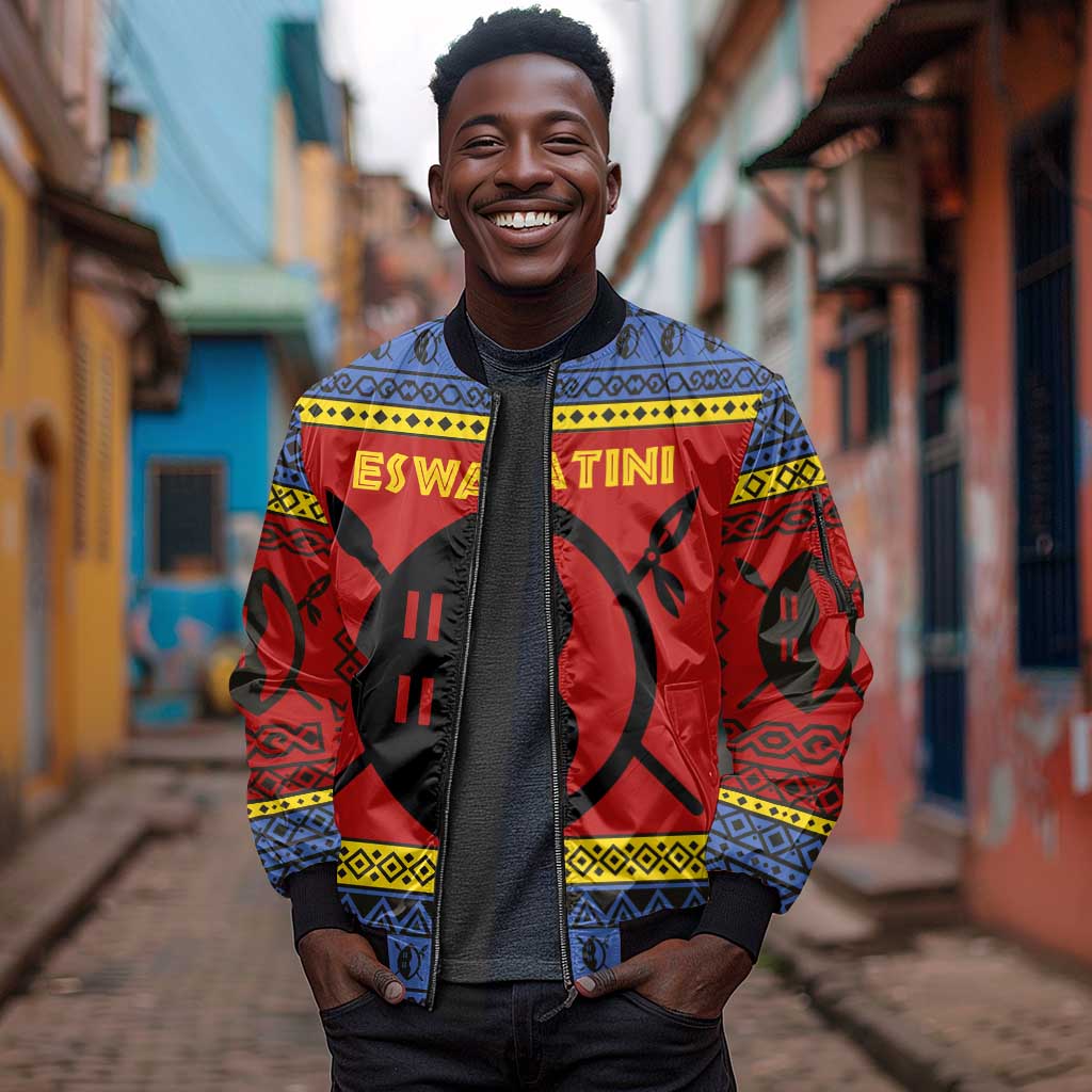 Eswatini Flag Sleeve Zip Bomber Jacket Nguni Shield Spear Pattern
