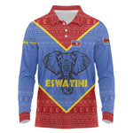 Elephant Eswatini Long Sleeve Polo Shirt Swaziland Shield Tribal Pattern and National Flag