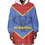Elephant Eswatini Wearable Blanket Hoodie Swaziland Shield Tribal Pattern and National Flag