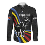 Eswatini Elephant Long Sleeve Button Shirt Swazi Flag Colors and Cosmic Background