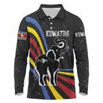 Eswatini Elephant Long Sleeve Polo Shirt Swazi Flag Colors and Cosmic Background