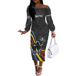 Eswatini Elephant Off The Shoulder Long Sleeve Dress Swazi Flag Colors and Cosmic Background