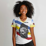 Eswatini Rhino Women V-Neck T-Shirt Swazi Map Flag and African Traditional Patterns