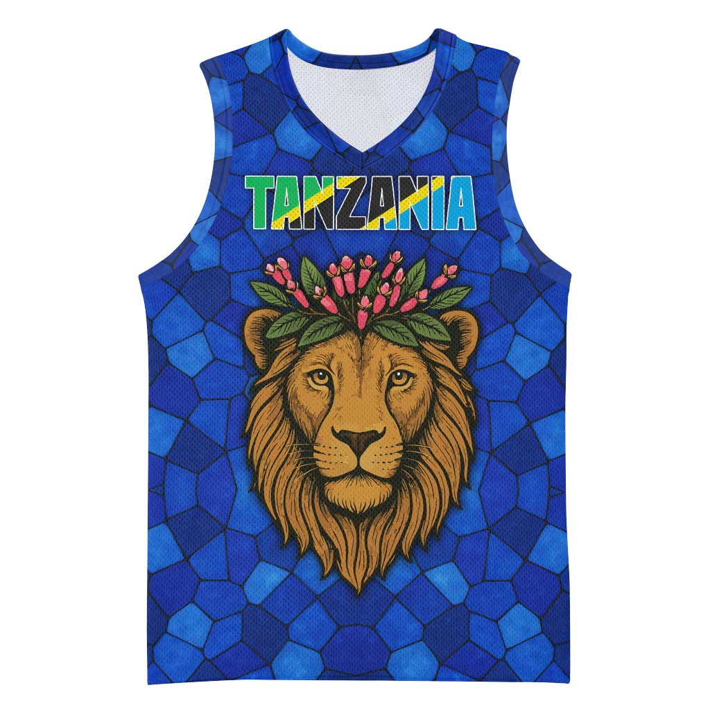 Tanzania Simba Lion Basketball Jersey Floral Crown And Blue Mosaic tanzania-simba-lion-basketball-jersey-floral-crown-and-blue-mosaic