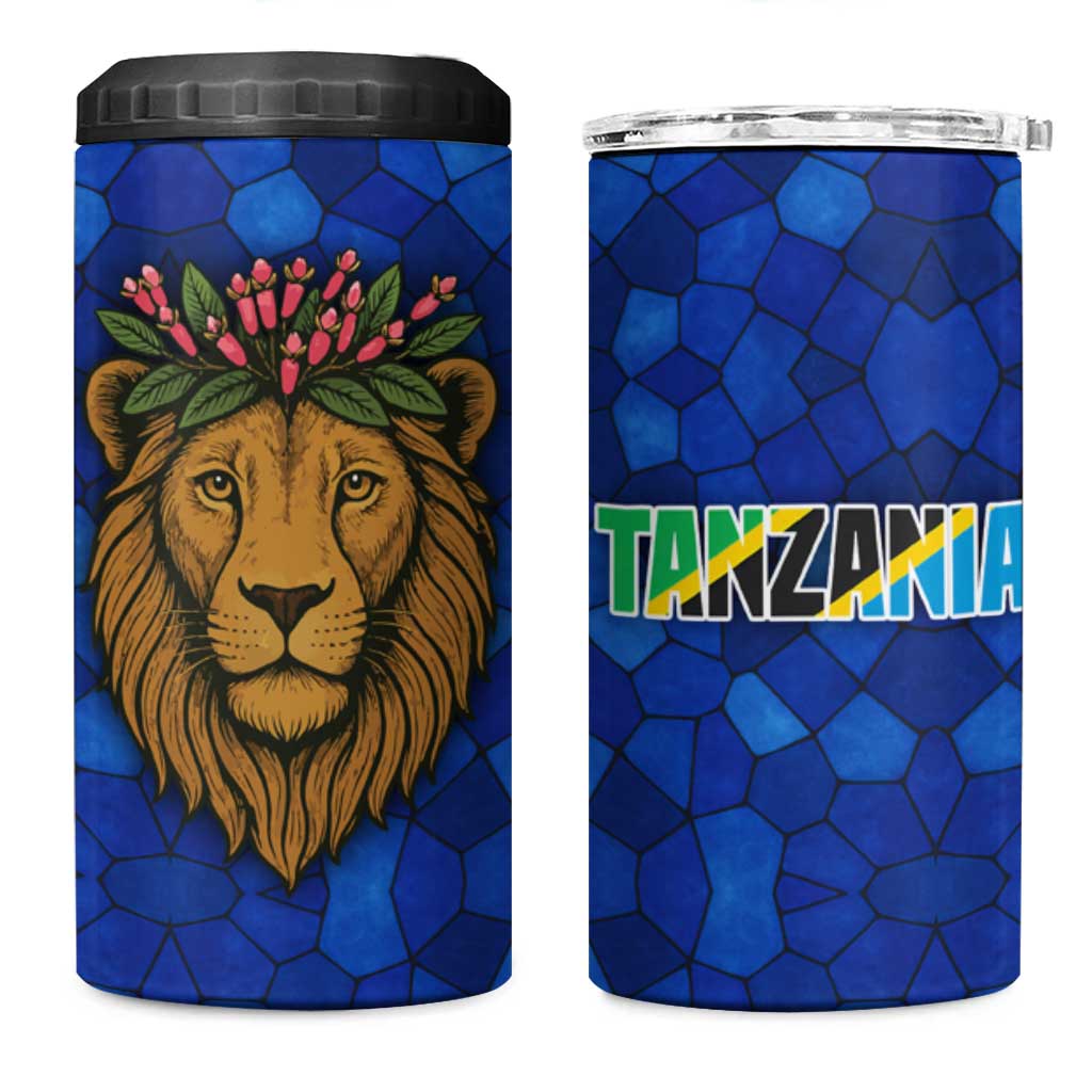 Tanzania Simba Lion 4 in 1 Can Cooler Tumbler - Floral Crown and Blue Mosaic Design