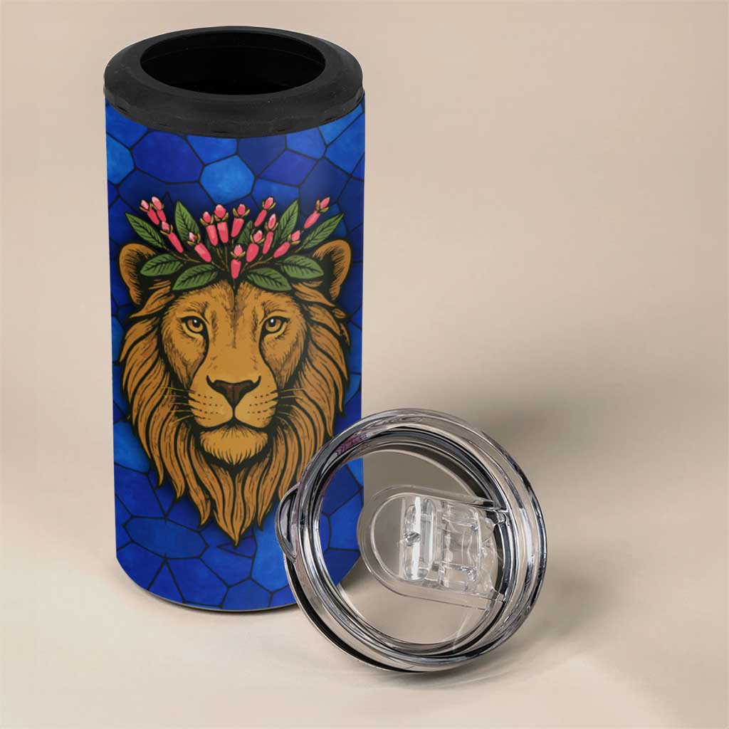 Tanzania Simba Lion 4 in 1 Can Cooler Tumbler - Floral Crown and Blue Mosaic Design