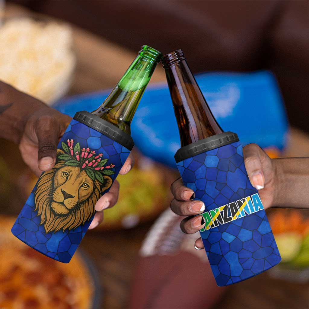 Tanzania Simba Lion 4 in 1 Can Cooler Tumbler - Floral Crown and Blue Mosaic Design