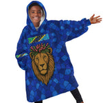 Tanzania Simba Lion Kid Wearable Blanket Hoodie - Floral Crown and Blue Mosaic Design