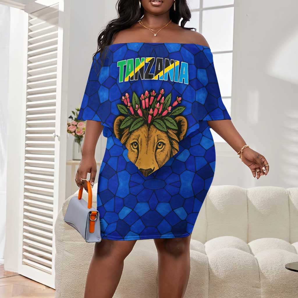 Tanzania Simba Lion Off Shoulder Short Dress - Floral Crown and Blue Mosaic Design by AfricanPride Tanzania Simba Lion Off Shoulder Short Dress - Floral Crown and Blue Mosaic Design by AfricanPride