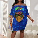 Tanzania Simba Lion Off Shoulder Short Dress - Floral Crown and Blue Mosaic Design