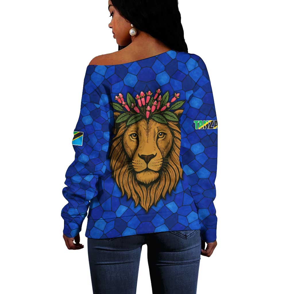 Tanzania Simba Lion Off Shoulder Sweater - Floral Crown and Blue Mosaic Design